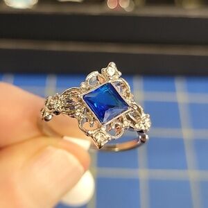 Blue Sapphire Faux Stone Silver Tone Ring Size 10